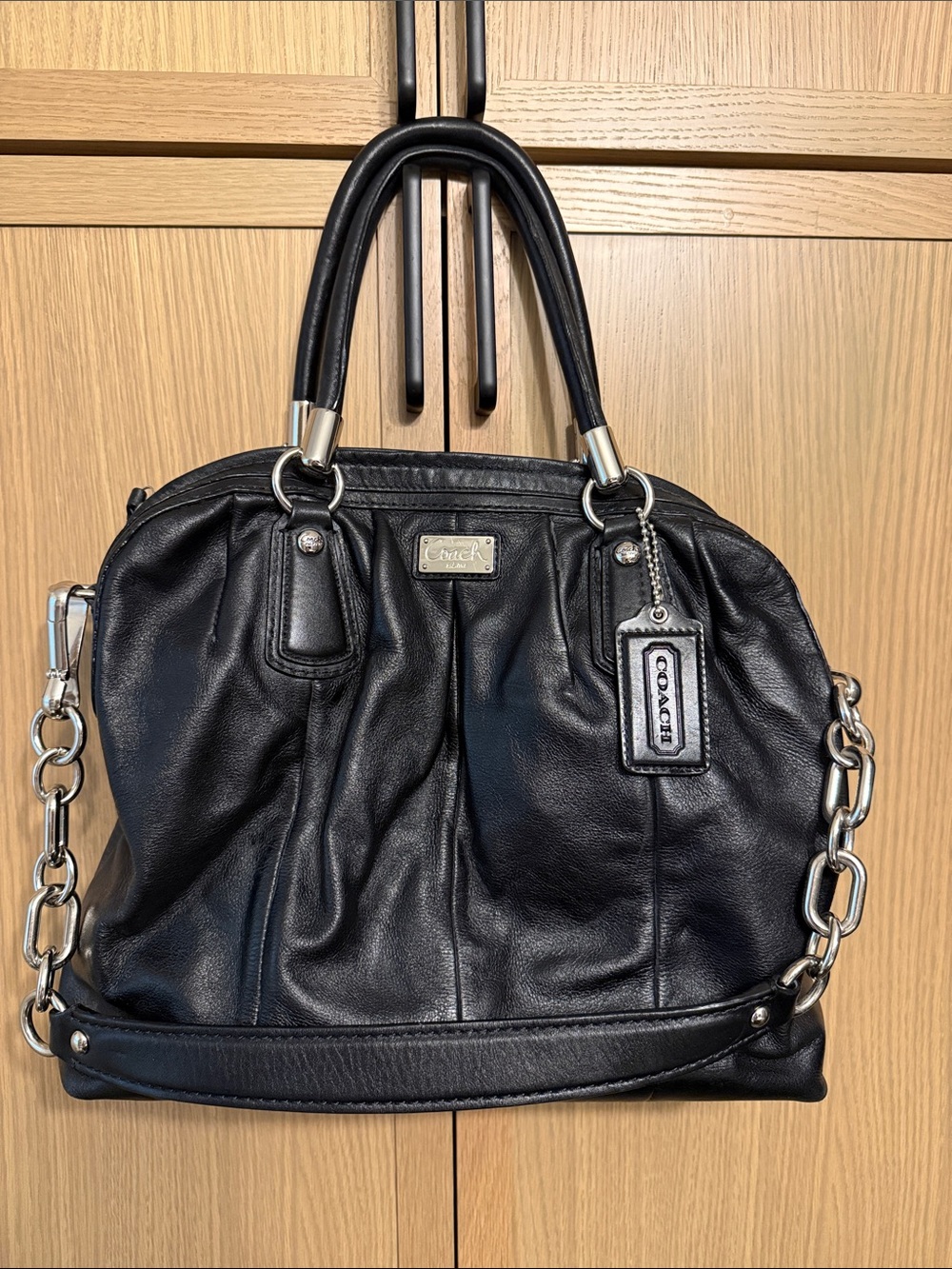 Coach Black Leather Satchel with Silver Chain Strap and Logo Tag